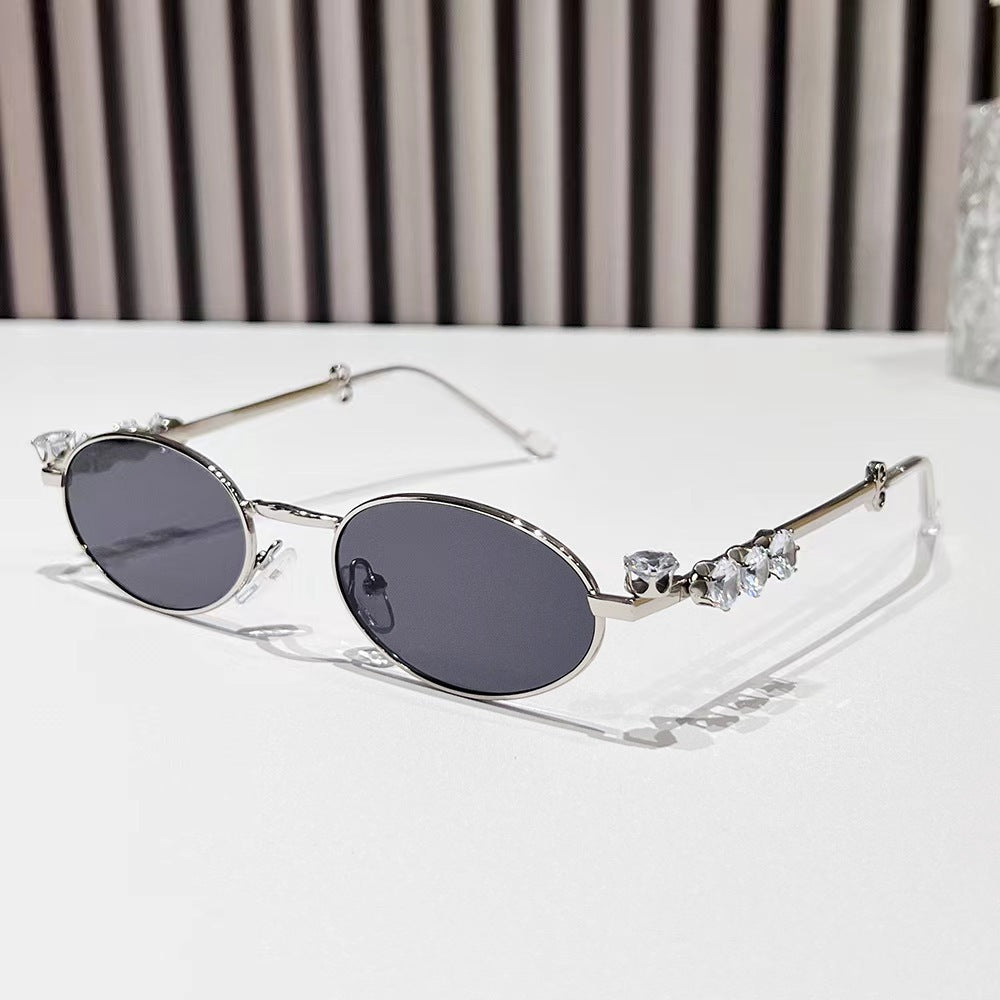 Wholesale Metal diamond oval small frame glasses resin anti-blue light glasses rhinestones plain y2k sunglasses